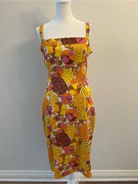 Vintage 2004 Dolce & Gabbana Psychedelic Floral Print Silk Fitted Midi Dress 42